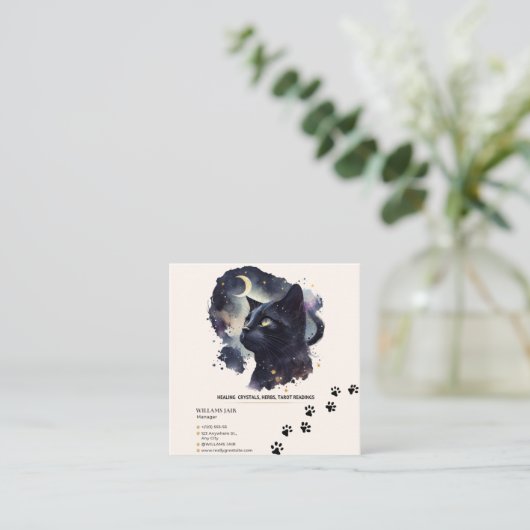 Black Cat Witchy Square Business Card Quadratische Visitenkarte (Stehend Vorderseite)