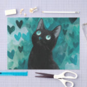 Black Cat With Blue Eyes Blue Hearts Seidenpapier (Handwerk)
