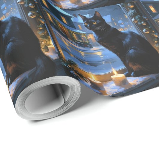 Black Cat With Christmas Lights Holiday Geschenkpapier (Rolleneckpunkt)