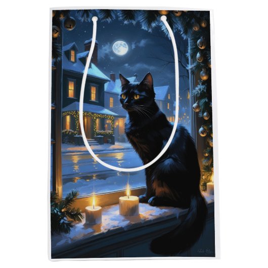 Black Cat With Christmas Lights Holiday Mittlere Geschenktüte (Vorderseite)
