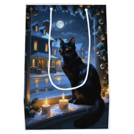 Black Cat With Christmas Lights Holiday Mittlere Geschenktüte (Rückseite)