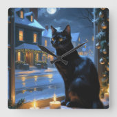 Black Cat With Christmas Lights Holiday Quadratische Wanduhr (Vorderseite)