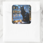 Black Cat With Christmas Lights Holiday Quadratischer Aufkleber (Tasche)