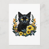 Black Cat With Flowers Feiertagspostkarte (Vorderseite)