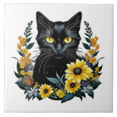 Black Cat With Flowers Fliese (Vorderseite)