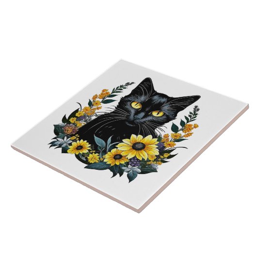 Black Cat With Flowers Fliese (Seite)