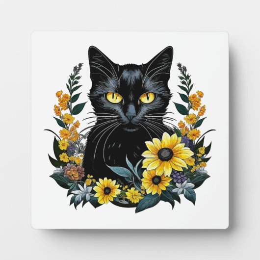 Black Cat With Flowers Fotoplatte (Vorderseite)