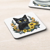 Black Cat With Flowers Getränkeuntersetzer (Linke Seite)