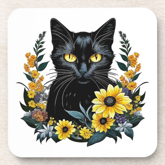 Black Cat With Flowers Getränkeuntersetzer (Vorderseite)