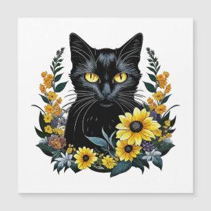 Black Cat With Flowers Magnetkarte