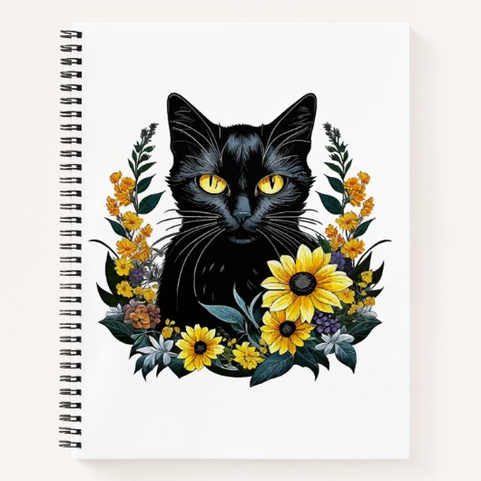 Black Cat With Flowers Notizblock (Vorderseite)