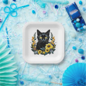Black Cat With Flowers Pappteller (Party)