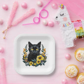 Black Cat With Flowers Pappteller (Party)