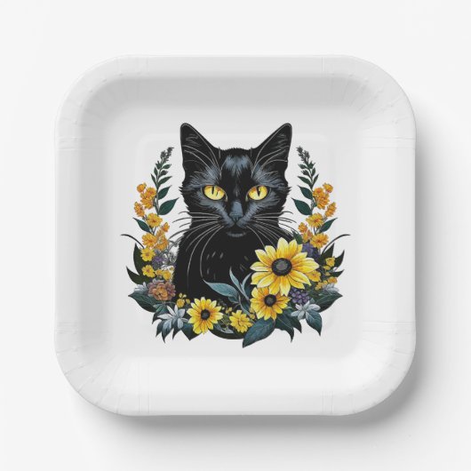 Black Cat With Flowers Pappteller (Vorderseite)