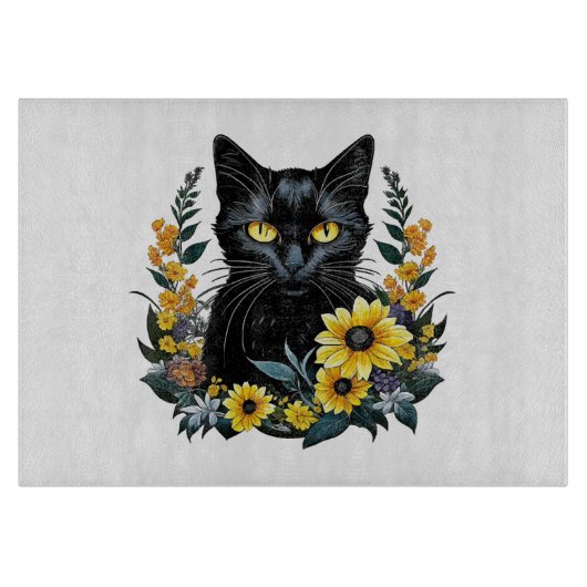 Black Cat With Flowers Schneidebrett (Vorderseite)
