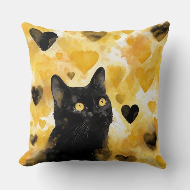 Black Cat with Gold and Black Hearts Kissen (Vorderseite)
