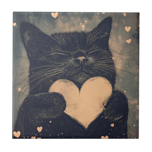 Black Cat with Golden Heart - Cat's Cosy Liebe Fliese (Vorderseite)