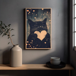Black Cat with Golden Heart - Cat's Cosy Liebe Poster
