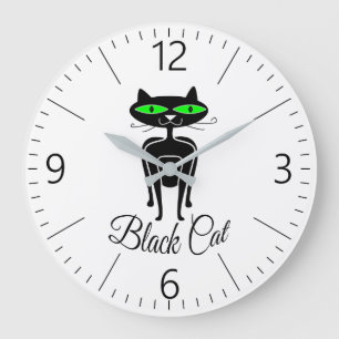 Black cat with green eyes große wanduhr