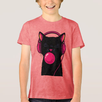 Black Cat with Pink Phone Head – Funny Minimalist  Tri-Blend Shirt