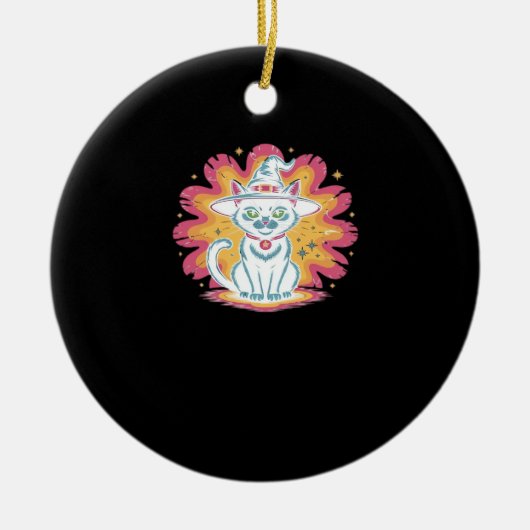 Black Cat with Psychedelic Flower Oversized T-Shir Keramik Ornament (Vorne)