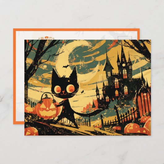 Black Cat with Pumpkin Bucket by the Castle Postkarte (Vorne/Hinten)