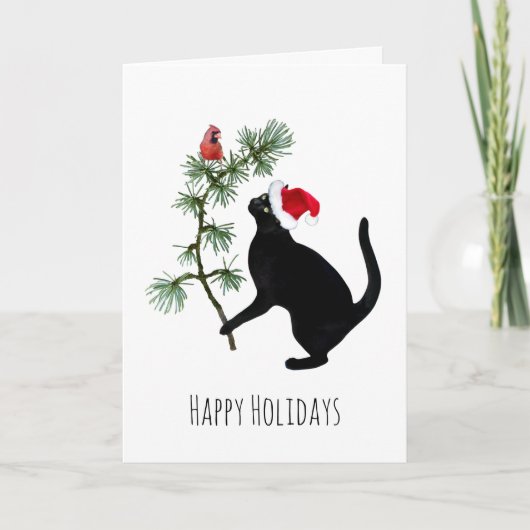 Black Cat with Red Bird in Tree Christmas Card Karte (Vorderseite)