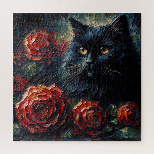 Black Cat With Red Roses Gothic Puzzle (Vertikal)