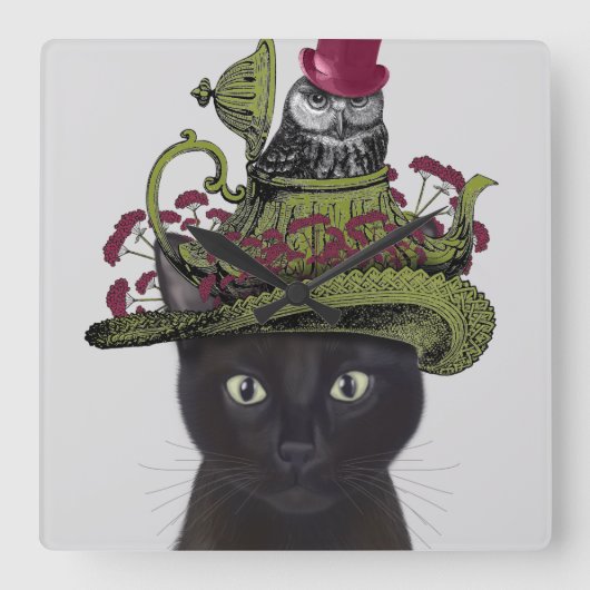 Black Cat with Teapot and Owl Quadratische Wanduhr (Vorderseite)