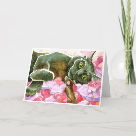 Black Cat with Valentine Hearts Feiertagskarte (Vorderseite)