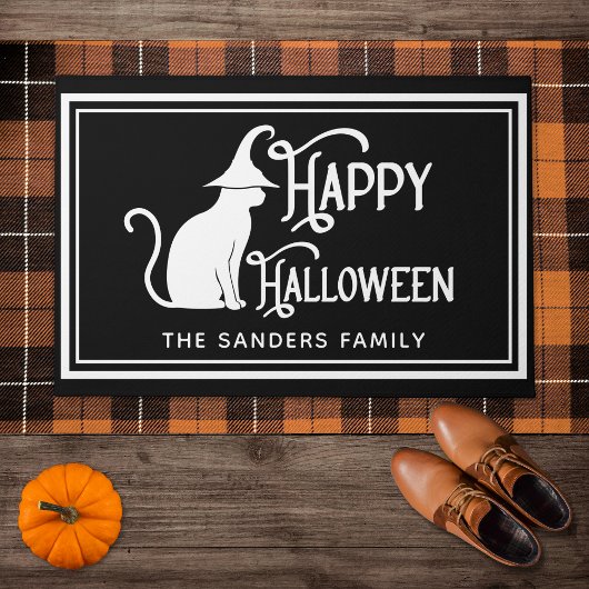 Black Cat with Witch Hat & "Happy Halloween" Fußmatte