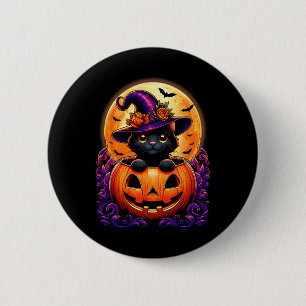 Black Cat Witz Hat Pumpkin Funny Halloween Men Wo Button