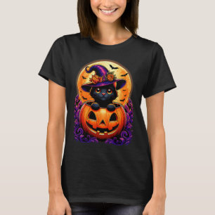 Black Cat Witz Hat Pumpkin Funny Halloween Men Wo T-Shirt