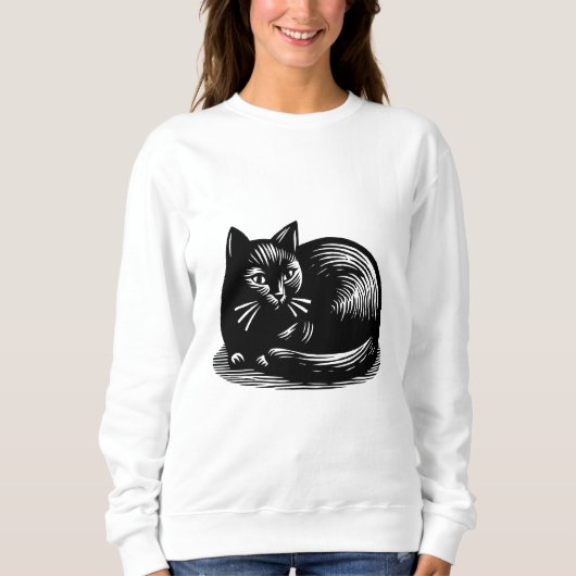 Black Cat Woodcut Style Sweatshirt (Vorderseite)