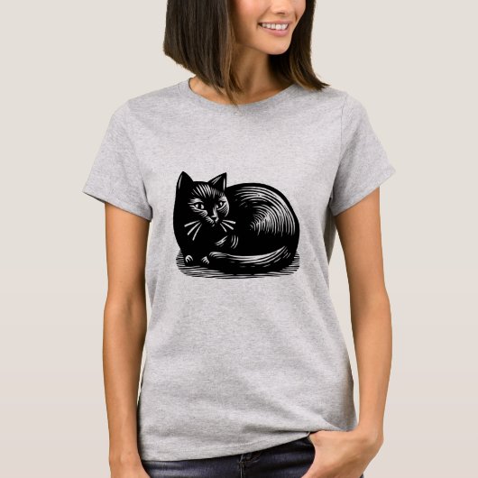 Black Cat Woodcut Style T-Shirt (Vorderseite)