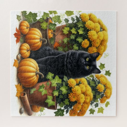 Black Cat Yellow Chrysanthemas Herbst Saison Puzzl Puzzle (Horizontal)