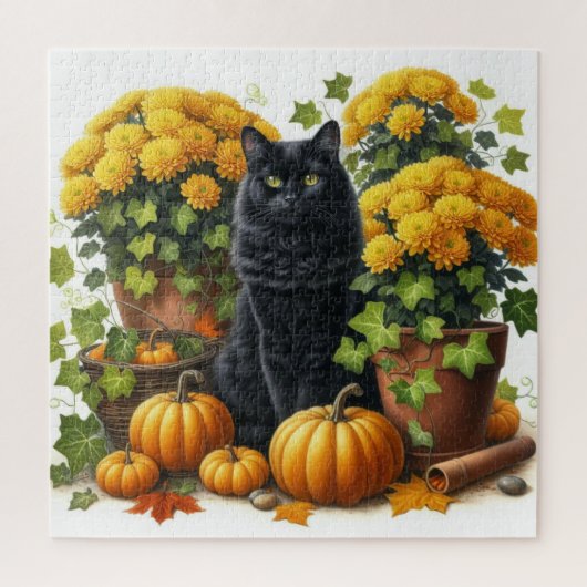 Black Cat Yellow Chrysanthemas Herbst Saison Puzzl Puzzle (Vertikal)