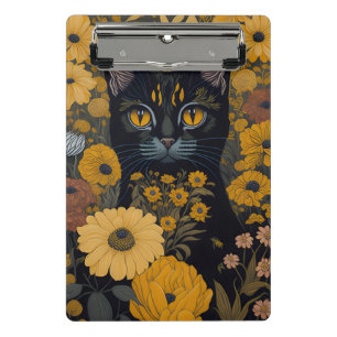 Black Cat Yellow Eyes Vintage Blume #2 Mini Klemmbrett