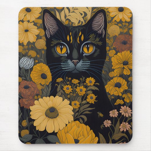 Black Cat Yellow Eyes Vintage Blume #2 Mousepad (Vorne)