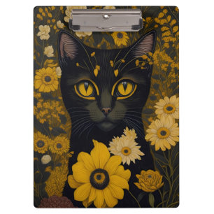 Black Cat Yellow Eyes Vintage Blume Klemmbrett