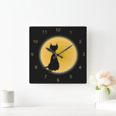 Black Cat & Yellow Moon Halloween Art Quadratische Wanduhr (Zuhause)