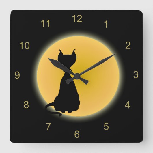 Black Cat & Yellow Moon Halloween Art Quadratische Wanduhr (Vorderseite)