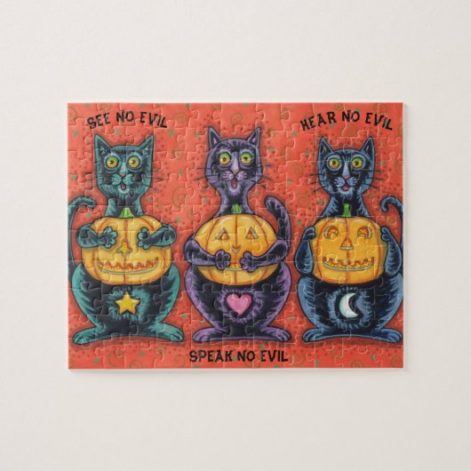 BLACK CATS AND JACKS SEE NO EVIL HALLOWEEN PUZZLE (Horizontal)