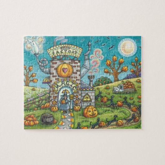 BLACK CATS AND WITCH, PUMPKIN PIE FACTORY PUZZLE (Horizontal)