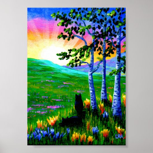 Black Cats Birch Trees Sunset Creationarts Poster (Vorne)