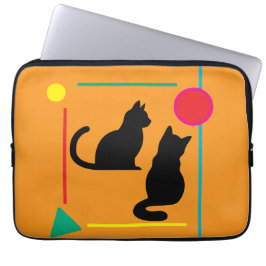 Black Cats & Geo Pattern Orange Electronics Bag Laptopschutzhülle