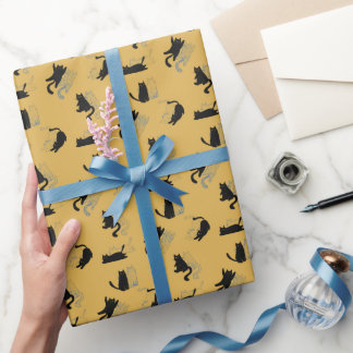 Black Cats on Mustard with Blue Outlines– Modern Geschenkpapier