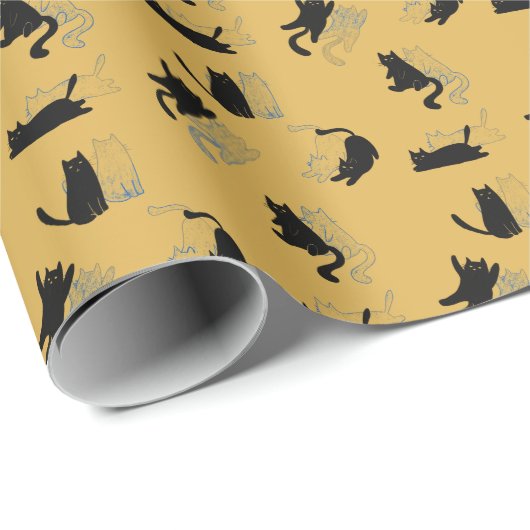Black Cats on Mustard with Blue Outlines– Modern Geschenkpapier (Rolleneckpunkt)