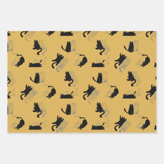 Black Cats on Mustard with Blue Outlines– Modern Geschenkpapier Set (Vorderseite 3)