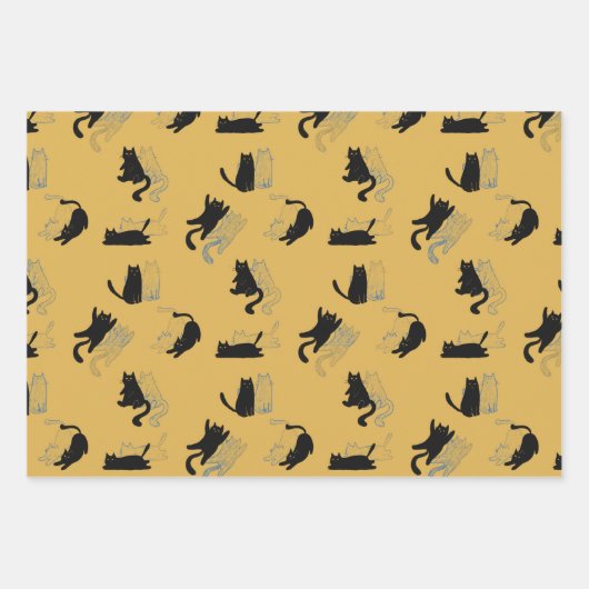 Black Cats on Mustard with Blue Outlines– Modern  Geschenkpapier Set (Vorderseite 2)